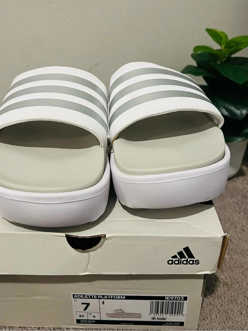 adidas White Silver Adilette Platform Slide Sandals